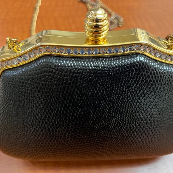 VTG BLACK LEATHER AND RHINESTONE EVENING BAG - RETRACTABLE HANDLE AND LONG CHAIN - Picture 7 of 13